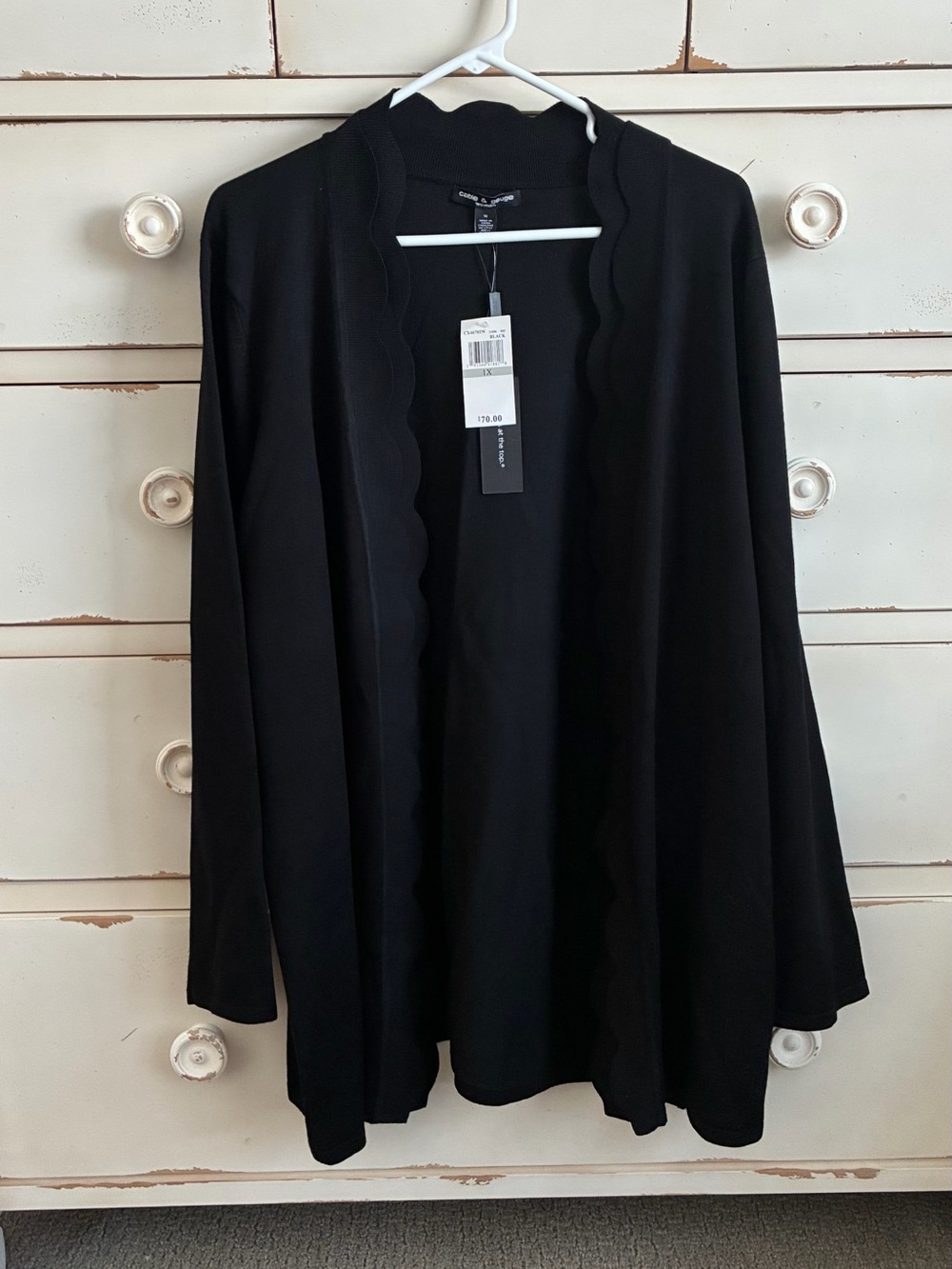NWT Cable & Gauge Black Open-Front Cardigan with Scalloped Trim